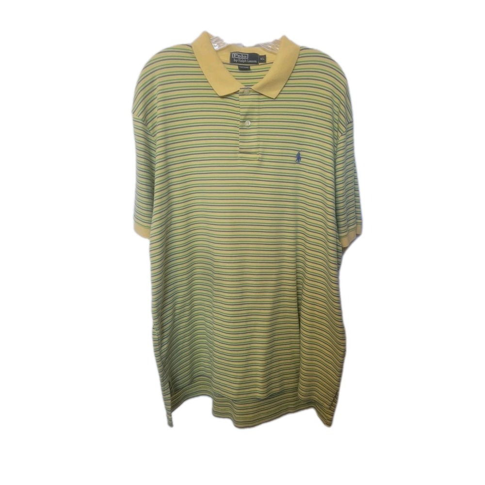 Vintage Ralph Lauren Polo Rugby Shirt yellow & blue striped pique cotton sz XL